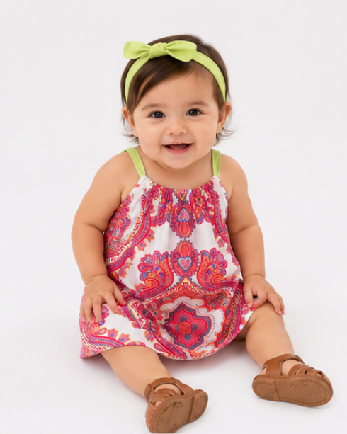 Baby wearing a colorful dress with a white background
