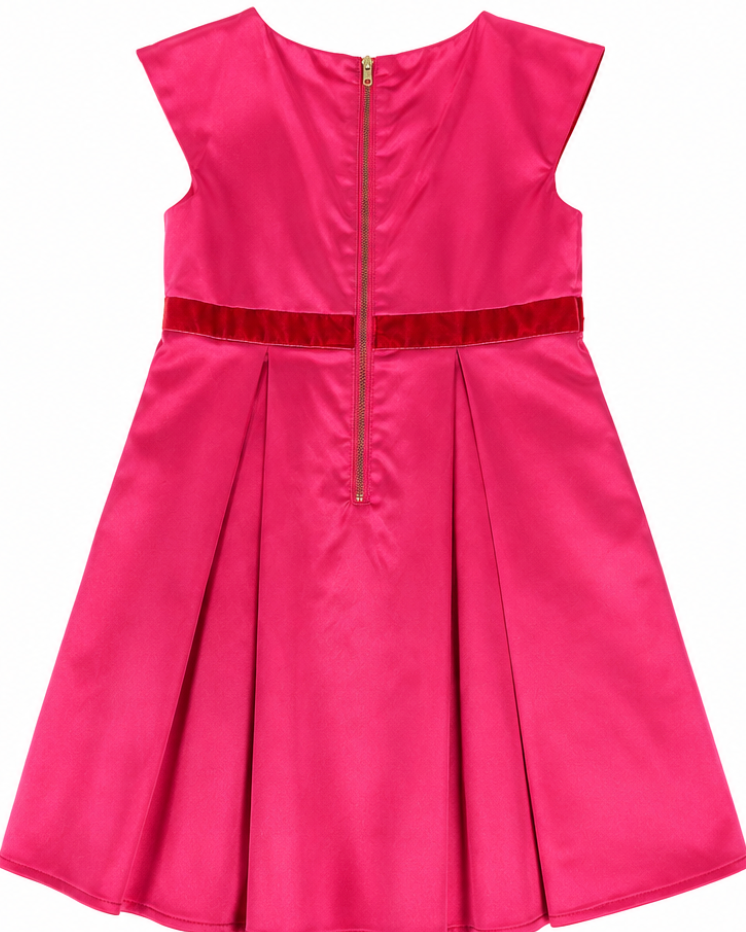 Pink dress with built in belt on a white background