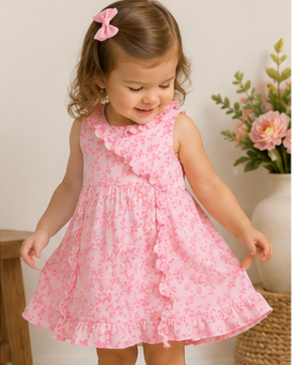 Young girl in a pink floral dress standing indoors with a neutral background