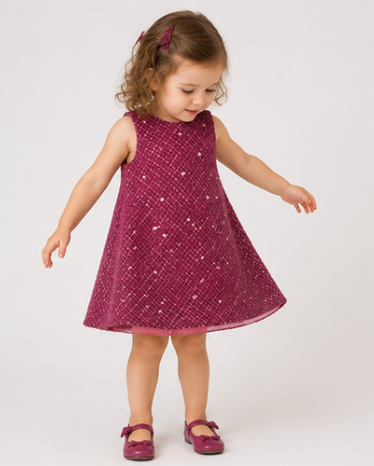 Young girl wearing a deep pink dress on a white background