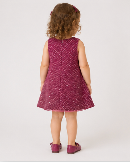Child wearing a pink dress with a white pattern on a white background