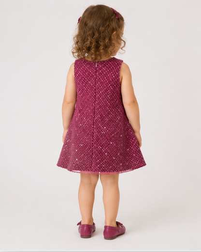 Child wearing a pink dress with a white pattern on a white background
