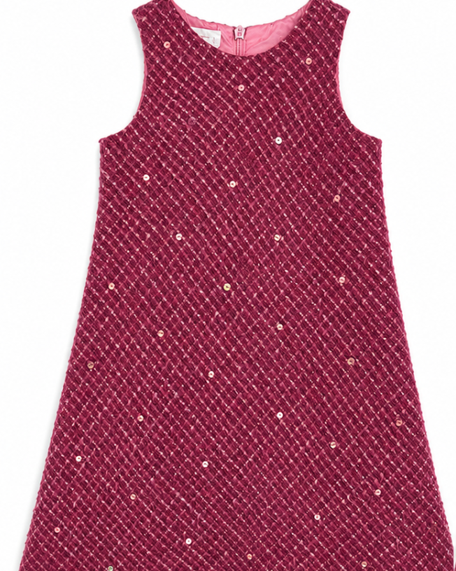 Maroon sleeveless dress with white polka dots on a white background