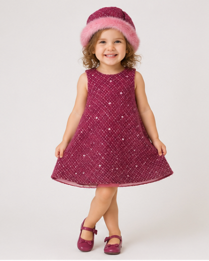 Child wearing a pink dress with a matching hat on a white background