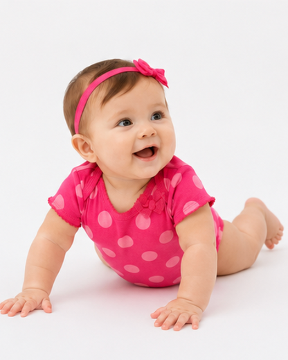Baby in a pink polka dot outfit with a headband on a white background