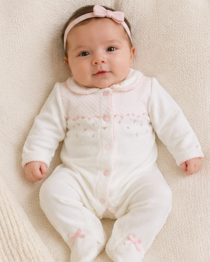Baby in a white outfit with pink details on a beige blanket