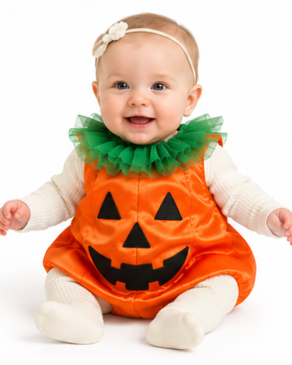 A baby wearing a bright orange pumpkin costume with a black jack-o'-lantern face, a green ruffled collar, and white ribbed long sleeves and legs, seated against a plain white background.