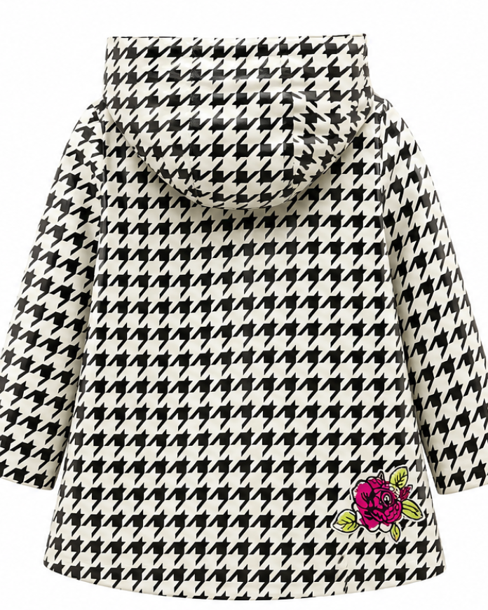 Houndstooth patterned coat with a floral patch on a white background