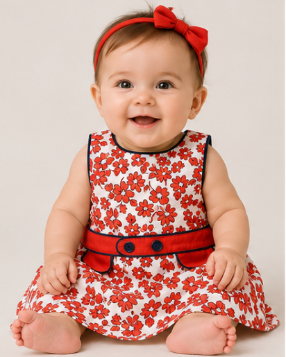 Baby wearing a red and white floral dress with a matching headband on a plain background