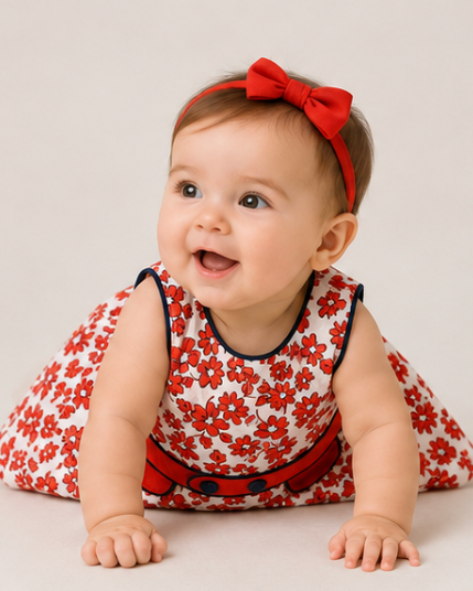 Baby wearing a red floral dress and headband on a plain background