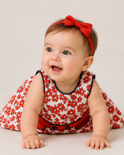 Baby wearing a red floral dress and headband on a plain background
