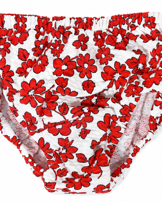 Red floral-patterned underwear on a white background