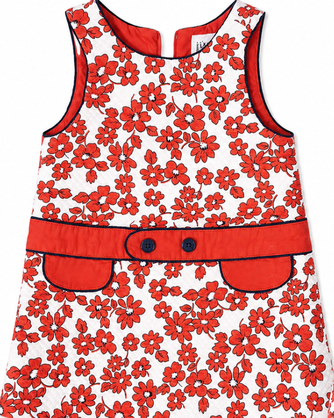 Red floral dress with a white background