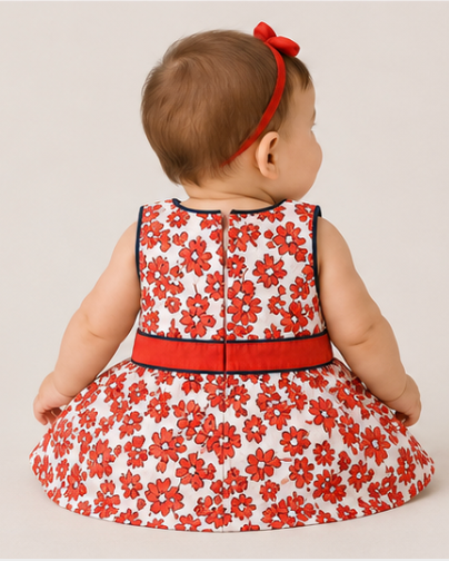 Baby wearing a red floral dress with a white background