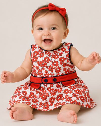 Baby wearing a red floral dress with a belt and a red headband on a white background