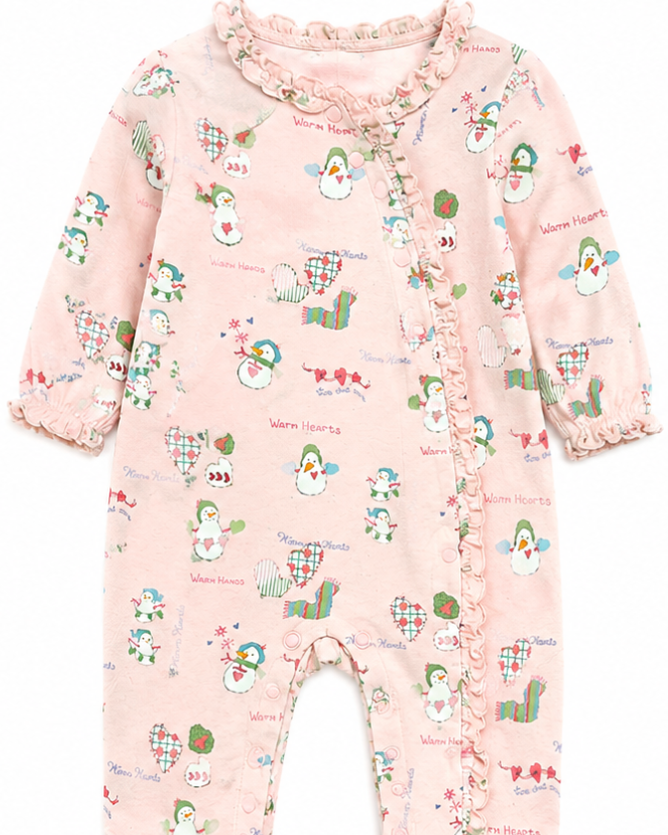 Baby onesie with snowman pattern on a pink background