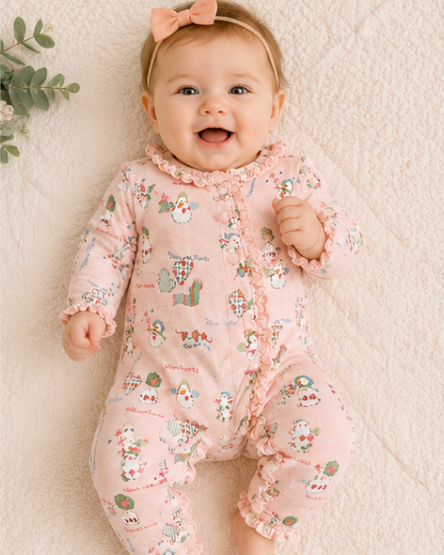 Baby wearing a pink floral onesie on a soft beige background