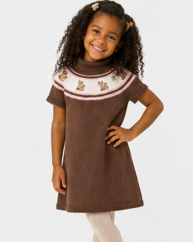 Young girl wearing a brown dress with turtleneck against a white background