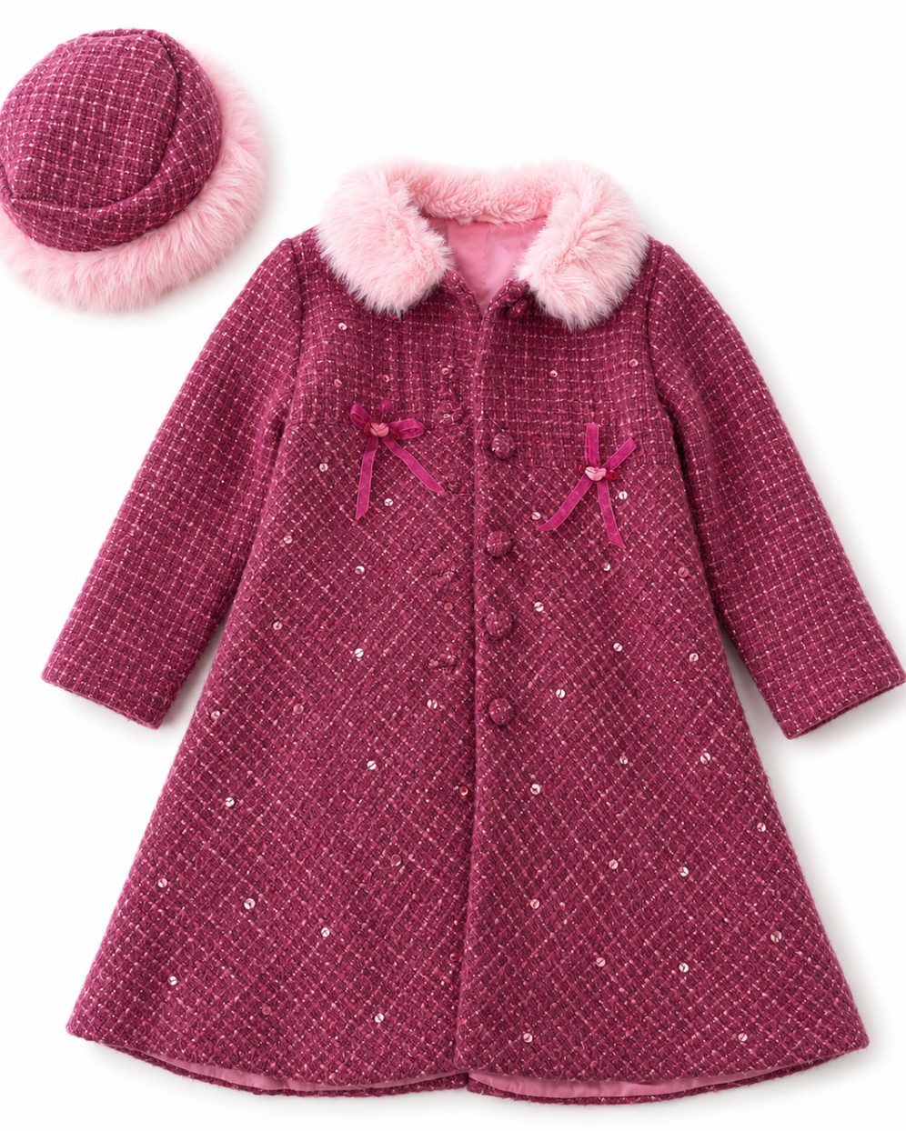 Pink coat with fur trim and matching hat on a white background