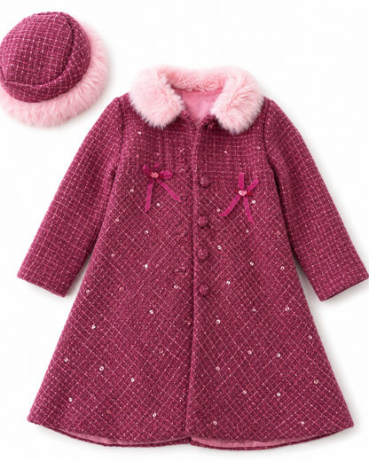 Pink coat with fur trim and matching hat on a white background