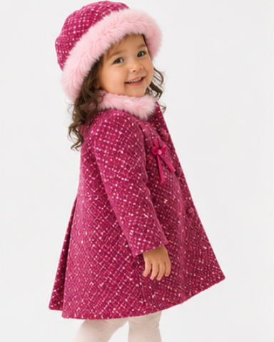 tweed pink coat with fur collar and matching hat
