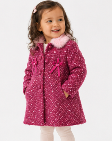 Child wearing a pink coat with fur trim on a white background