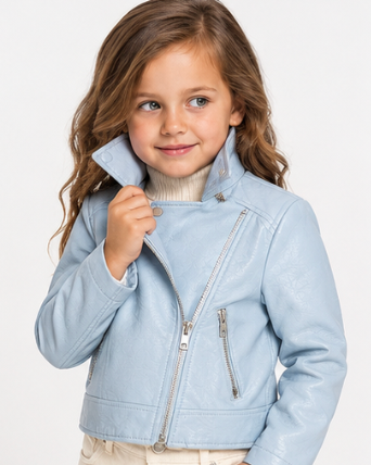 Light Blue Faux Leather Biker Jacket