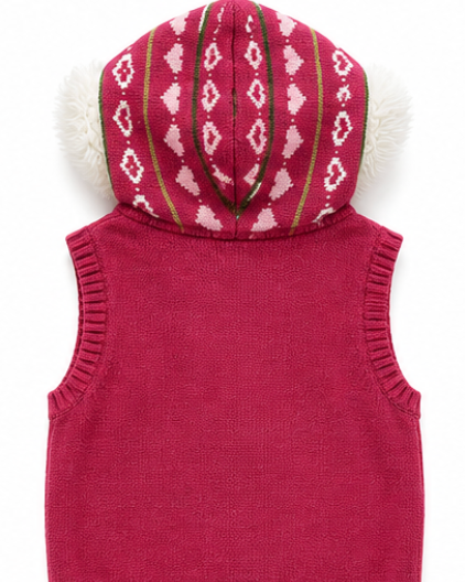 Red knitted vest with patterned hood on a white background