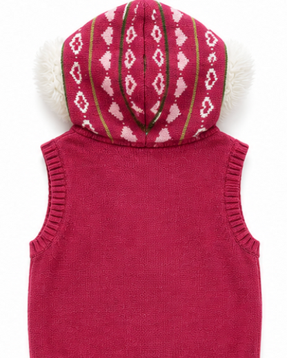 Red knitted vest with patterned hood on a white background