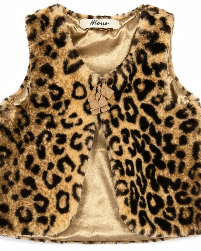 Leopard print vest with a brand label on a white background