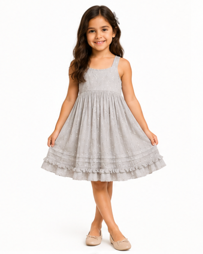 light gray sleeveless dress with a ruffled hem and beige flats.