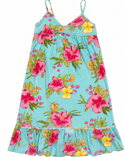 A light blue sleeveless babydoll dress with a vibrant tropical floral print featuring pink hibiscus, yellow flowers, and green leaves, complete with thin shoulder straps and a ruffled hem.