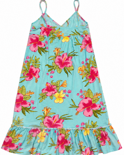 A girls' sleeveless spaghetti-strap dress with a ruffled hem, featuring a vibrant tropical floral print on a light turquoise background with pink hibiscus, yellow flowers, and green leaves.