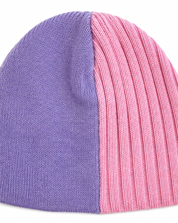 A ribbed knit beanie hat split vertically into two colors: a solid purple half on the left and a pink half on the right, shown against a plain white background.