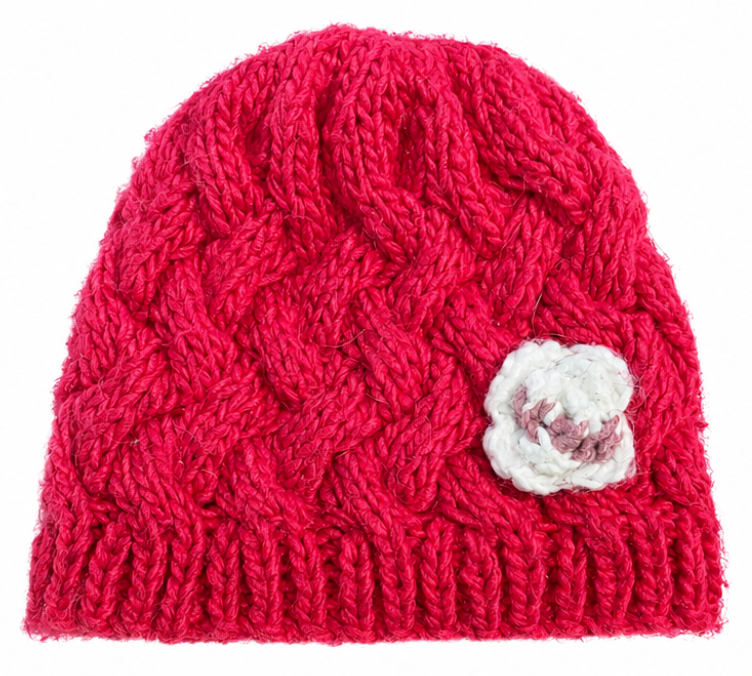Fuchsia Cable Knit Flower Beanie