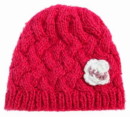 Fuchsia Cable Knit Flower Beanie