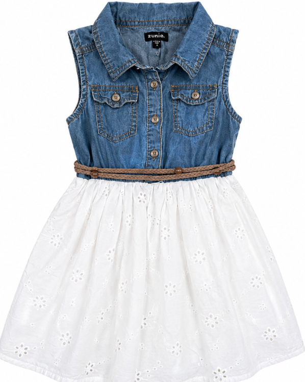 Denim & Eyelet Twirl Dress with Braided Belt