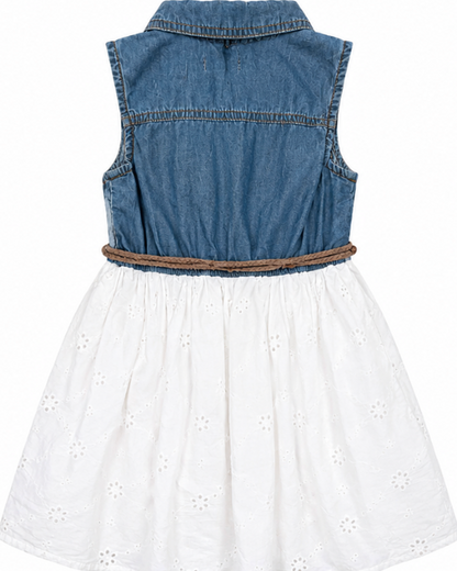 A sleeveless children's dress shown from the back, featuring a blue denim vest upper section, a brown rope-style waistband, and a white eyelet skirt.
