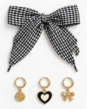 Gingham Bow Shoelaces + Gold Shoe Charm Set