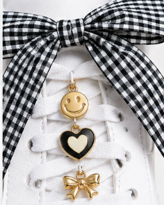 Gingham Bow Shoelaces + Gold Shoe Charm Set
