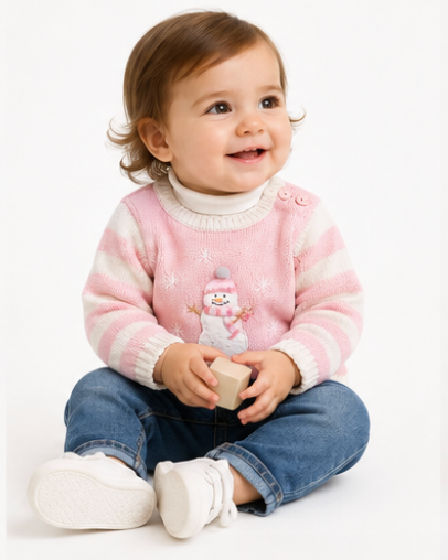 A smiling baby sitting on a white studio background, wearing a pink and white striped knit sweater with a snowman design, blue jeans, and white shoes.