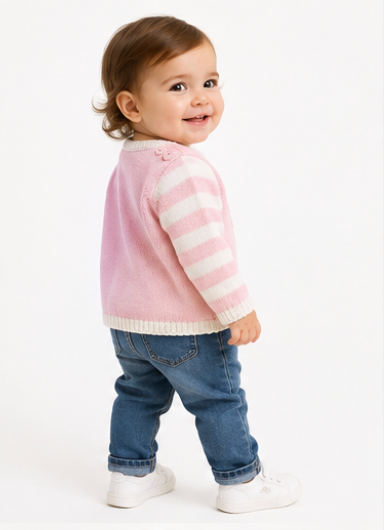 A toddler girl wearing a pink and white striped knit cardigan, blue jeans, and white sneakers, photographed against a clean white studio background.