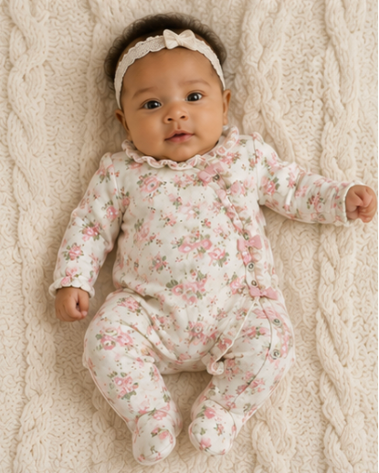Vintage-Inspired Pink Floral Footed Baby Onesie with Ruffle & Bow Details