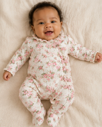 A smiling baby lying on a soft cream blanket, wearing a long-sleeve footed sleeper with a pink and green floral print on a white background.