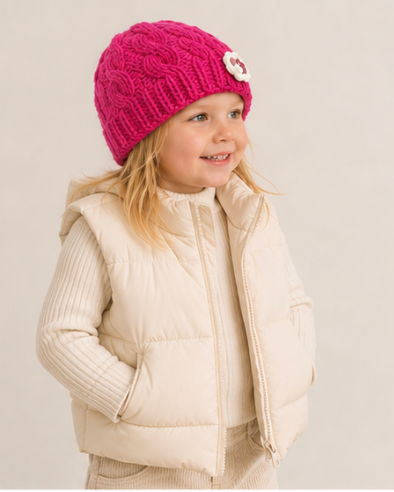 Fuchsia Cable Knit Flower Beanie