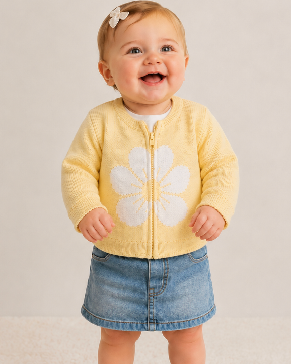 A smiling toddler standing on a cream rug wearing a pale yellow zip-front cardigan with a large white flower motif, a blue denim mini skirt, and brown sandals, against a plain light beige studio background.