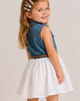 Denim & Eyelet Twirl Dress with Braided Belt