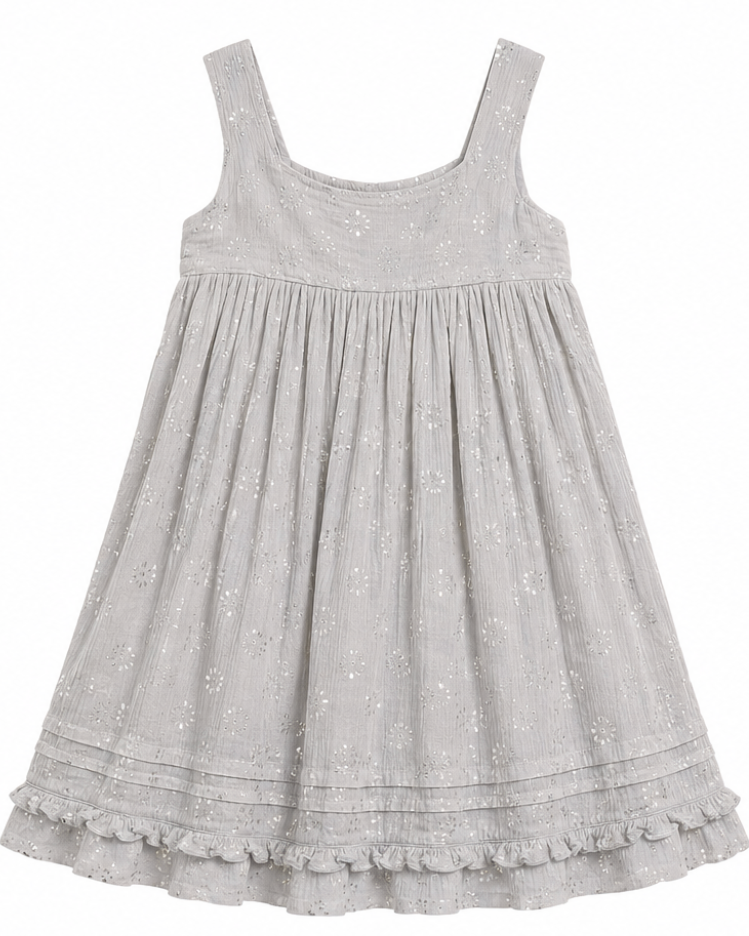 A light gray sleeveless babydoll dress with a delicate eyelet floral pattern, featuring a gathered bodice, wide shoulder straps, and a ruffled hem.