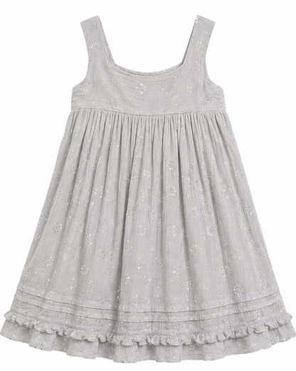 A light gray sleeveless babydoll dress with a delicate eyelet floral pattern, featuring a gathered bodice, wide shoulder straps, and a ruffled hem.