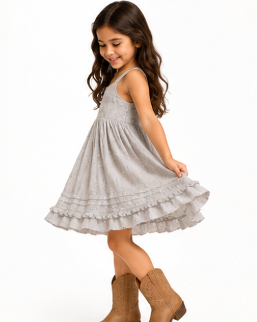 light gray sleeveless tiered ruffle dress 